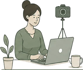 someone working at a laptop with a webcam, a mug and a plant on the desk