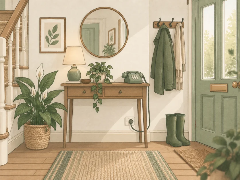 a hallway with an old corded telephone on a console table, its cable running down to a socket on the skirting board, coats on hooks and a front door beyond