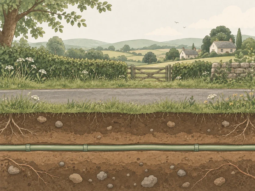 a cross-section of a country lane, a slim fibre duct running underground below the verge, with hedgerow, fields and cottages above