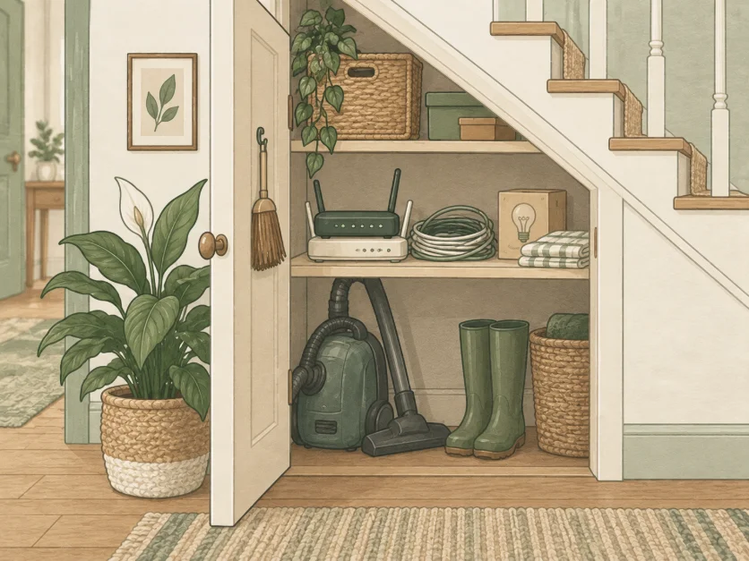 an open cupboard under the stairs with two routers and a coil of cable on the middle shelf, a vacuum and wellies below
