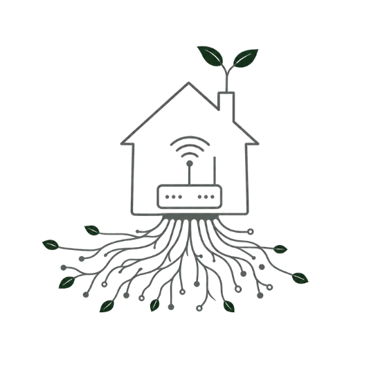a line-drawn house with a wi-fi router inside, sprouting a seedling from the chimney and circuit-board roots below