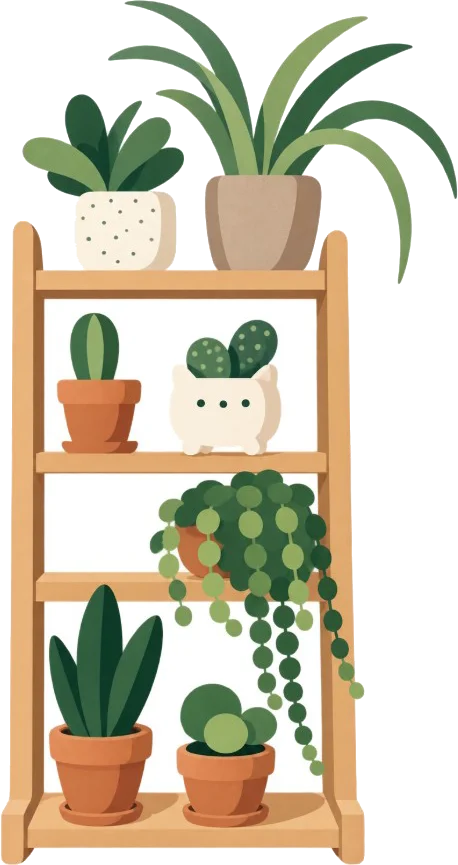 a wooden plant shelf holding cacti, succulents and trailing houseplants