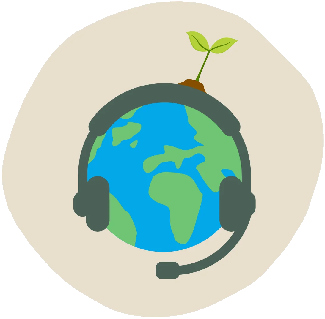 a globe wearing a headset with a seedling growing out of the top
